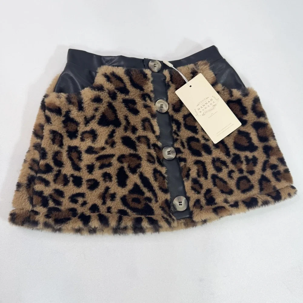 Hannah Banana Skirt Girls 7 Brown Leopard Faux Fur Faux Leather Button‎ Front